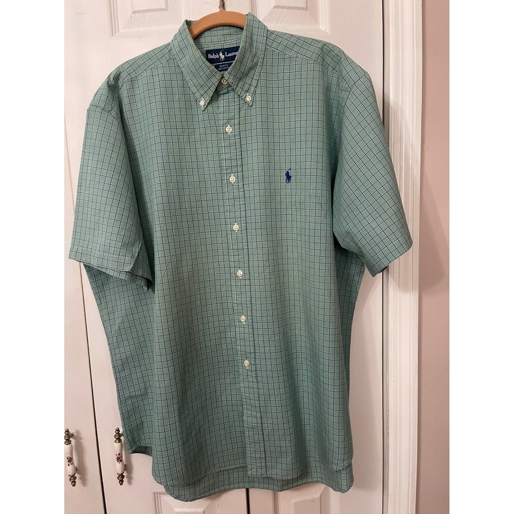 VTG Polo Ralph Lauren Blake Mens Large Green Check Short Sleeve Button Down